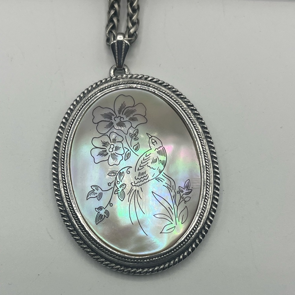 LOREN HOPE MOP Bird Floral Oval Pendant Long Silver Tone Chain Necklace